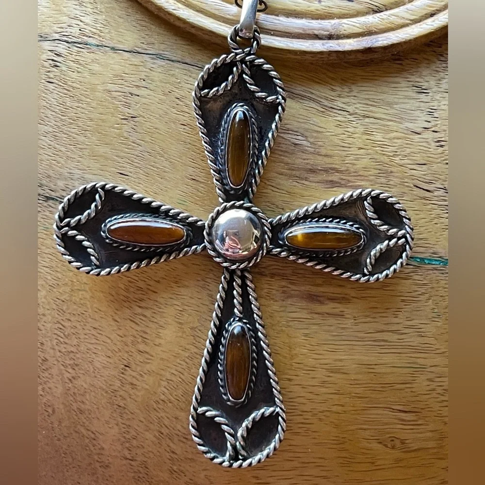 Outstanding Sterling & Tiger’s Eye **BIG** Statement Cross Necklace Mexi…